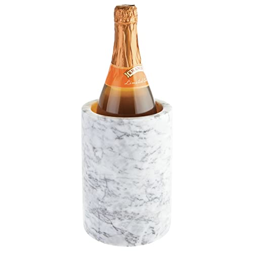 mDesign Single Bottle Wine Chiller - Ice Bucket Cooler for Kitchen, Bar, Party Decor - Holds Cold Wine, Champagne, Beer, Ready-to-Drink Cocktail Utensils, Serving Tongs - White Marble