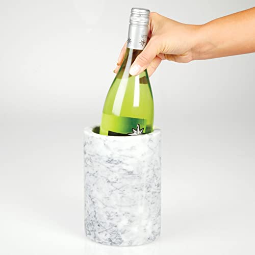 mDesign Single Bottle Wine Chiller - Ice Bucket Cooler for Kitchen, Bar, Party Decor - Holds Cold Wine, Champagne, Beer, Ready-to-Drink Cocktail Utensils, Serving Tongs - White Marble
