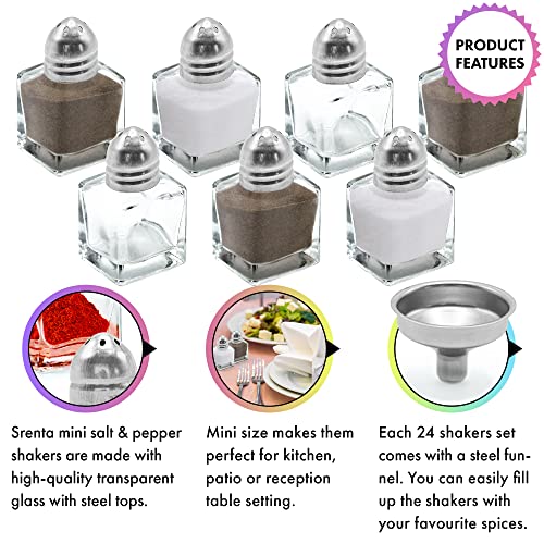 Srenta Small Salt and Pepper Shakers, Pack of 24 Bulk Salt and Pepper Shakers with Funnel Tool, Clear Glass Mini Salt and Pepper Shakers Set with Stainless Steel Tops for Wedding Table & Party, 0.5 oz