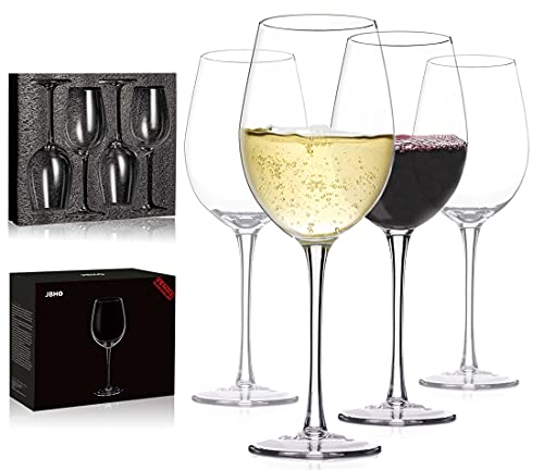 JBHO Hand Blown Italian Style Crystal White or Red Wine Glasses - Gift Packaging for Any Occasion - Lead-Free Premium Crystal Clear Glass - Set of 4-18 Ounce