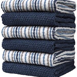 Kitchen Towels 16”x 26”- 6 Pack | Large Cotton Kitchen Hand Towels | Dish Towels | Popcorn Stripe Design | 400 GSM Highly Absorbent Tea Towels Set with Hanging Loop | Dish Towels for Kitchen | Blue