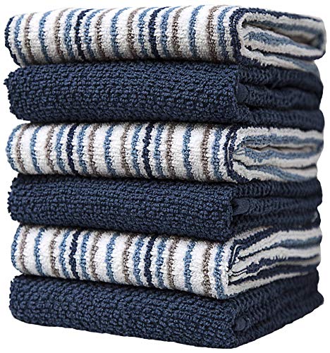 Kitchen Towels 16”x 26”- 6 Pack | Large Cotton Kitchen Hand Towels | Dish Towels | Popcorn Stripe Design | 400 GSM Highly Absorbent Tea Towels Set with Hanging Loop | Dish Towels for Kitchen | Blue