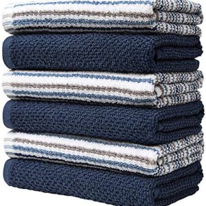 Kitchen Towels 16”x 26”- 6 Pack | Large Cotton Kitchen Hand Towels | Dish Towels | Popcorn Stripe Design | 400 GSM Highly Absorbent Tea Towels Set with Hanging Loop | Dish Towels for Kitchen | Blue