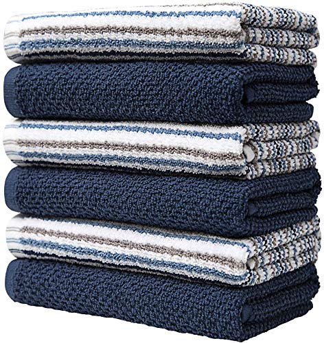 Kitchen Towels 16”x 26”- 6 Pack | Large Cotton Kitchen Hand Towels | Dish Towels | Popcorn Stripe Design | 400 GSM Highly Absorbent Tea Towels Set with Hanging Loop | Dish Towels for Kitchen | Blue