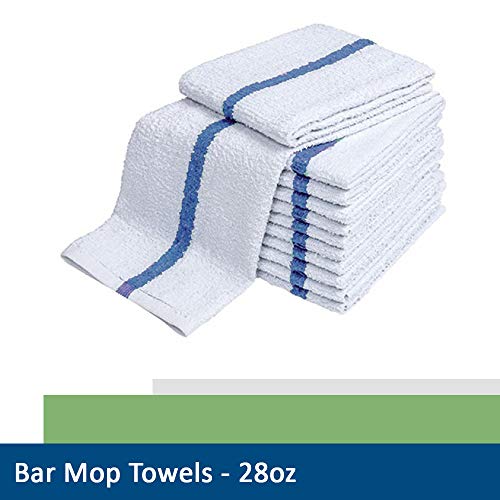 28oz Bar Mop Towels 16x19, 100% Cotton, Commercial Grade Professional Kitchen/Restaurant BarMop Towels (Blue Stripe-24 Pack)