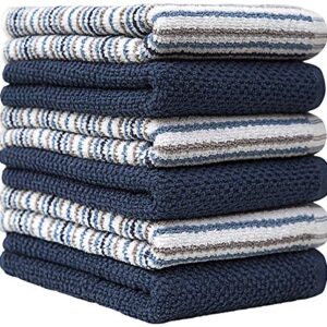 Kitchen Towels 16”x 26”- 6 Pack | Large Cotton Kitchen Hand Towels | Dish Towels | Popcorn Stripe Design | 400 GSM Highly Absorbent Tea Towels Set with Hanging Loop | Dish Towels for Kitchen | Blue