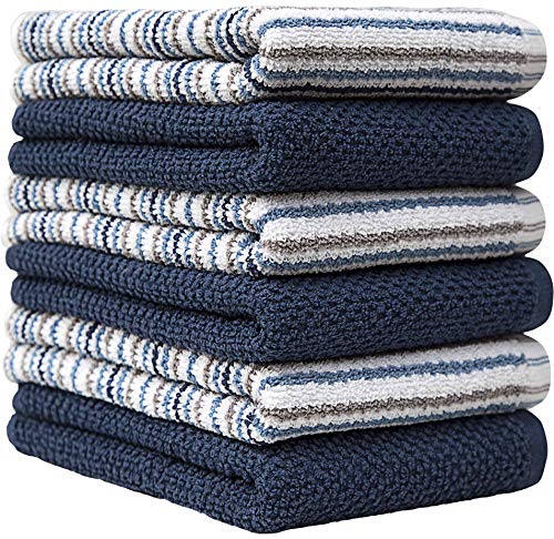 Kitchen Towels 16”x 26”- 6 Pack | Large Cotton Kitchen Hand Towels | Dish Towels | Popcorn Stripe Design | 400 GSM Highly Absorbent Tea Towels Set with Hanging Loop | Dish Towels for Kitchen | Blue