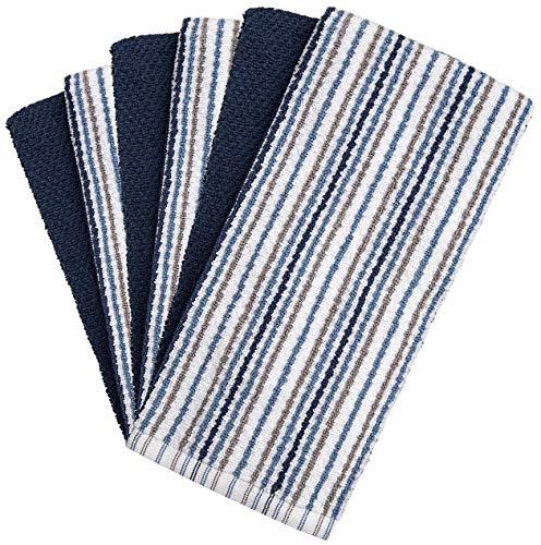 Kitchen Towels 16”x 26”- 6 Pack | Large Cotton Kitchen Hand Towels | Dish Towels | Popcorn Stripe Design | 400 GSM Highly Absorbent Tea Towels Set with Hanging Loop | Dish Towels for Kitchen | Blue