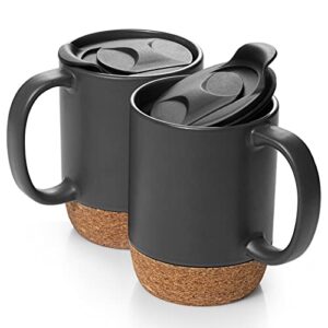 dowan coffee mugs, 15 oz mug set of 2, large ceramic coffee mug with cork bottom and spill proof lid for men, women, big mug for coffee latte, tea, gifts for graduation, matte grey