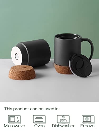DOWAN Coffee Mugs, 15 oz Mug Set of 2, Large Ceramic Coffee Mug with Cork Bottom and Spill Proof Lid for Men, Women, Big Mug for Coffee Latte, Tea, Gifts for Graduation, Matte Grey