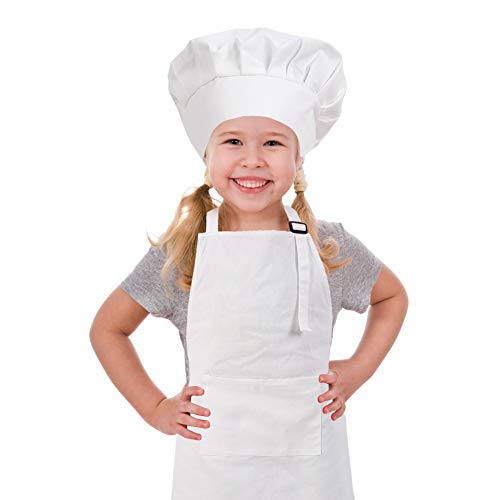 CRJHNS Kids Apron and Chef Hat Set, Adjustable Cotton Child Aprons with Large Pocket White Girls Boys Kitchen Bib Aprons for Cooking Baking Painting
