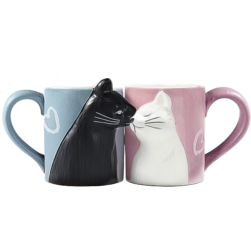 BigNoseDeer Couple Gifts Kissing Cat Coffee Mug Set Engagement Gifts for Couples Wedding Gifts 2023 Gifts for Boyfriend and Girlfriend,Anniversary Gift for Couple Blue and Pink Cat Mug for Cat Lovers