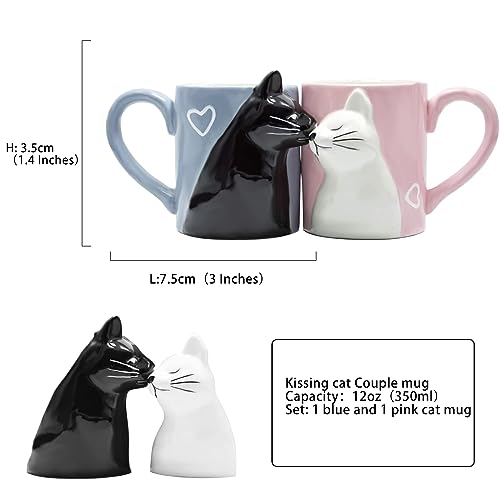 BigNoseDeer Couple Gifts Kissing Cat Coffee Mug Set Engagement Gifts for Couples Wedding Gifts 2023 Gifts for Boyfriend and Girlfriend,Anniversary Gift for Couple Blue and Pink Cat Mug for Cat Lovers