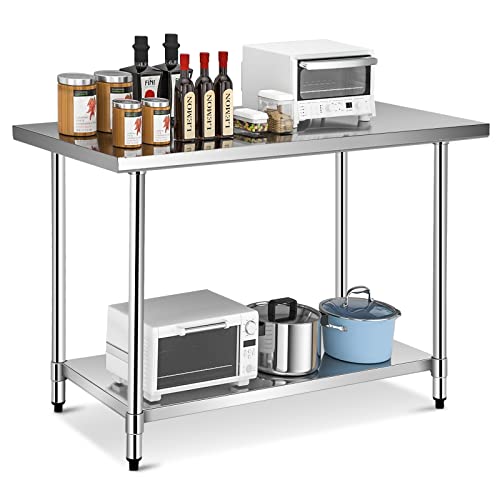 Giantex 48 x 30 Inches Stainless Steel Food Prep Table, Heavy Duty Commercial Kitchen Metal Table with Adjustable Lower Shelf and Plastic Feet, Steel Work Prep Table for Restaurant Home