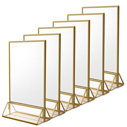 NIUBEE 6Pack 5 x 7 Clear Acrylic Wedding Table Number Holder Stands with Gold Borders, Double Sided Picture Frames Sign for Restaurant Menu Recipe Cards Photo Display