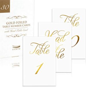 gorgeous wedding table numbers - elegant double sided gold foil lettering with head table card - 4 x 6 inches and numbered 1-30 - perfect for weddings and events