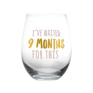 pearhead i’ve waited 9 months for this stemless wine glass, new mom, gift for new and expecting moms, pink and gold, 16 oz
