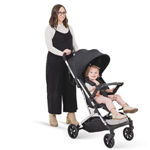 joovy kooper lightweight baby stroller featuring removable, swing-open tray, big wheels, reclining seat with footrest, extra-large retractable canopy, and compact fold (black)