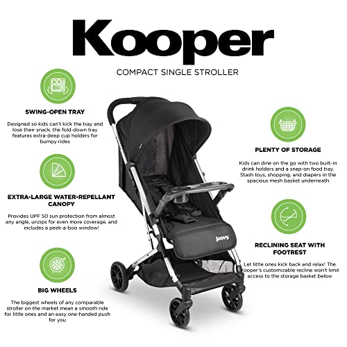 Joovy Kooper Lightweight Baby Stroller Featuring Removable, Swing-Open Tray, Big Wheels, Reclining Seat with Footrest, Extra-Large Retractable Canopy, and Compact Fold (Black)