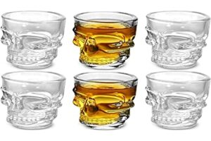 circleware skull face heavy base whiskey shot glasses, set of 6, party home and entertainment dining beverage drinking glassware for brandy, liquor, bar decor, jello cups, 1.75 oz, clear