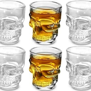 Circleware Skull Face Heavy Base Whiskey Shot Glasses, Set of 6, Party Home and Entertainment Dining Beverage Drinking Glassware for Brandy, Liquor, Bar Decor, Jello Cups, 1.75 oz, Clear