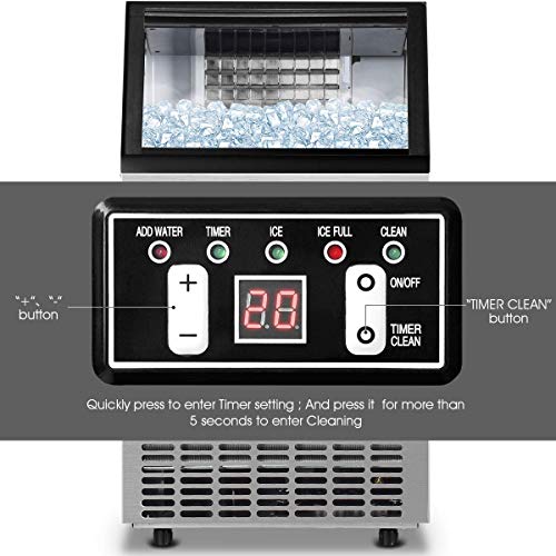 Costzon Commercial Ice Maker Machine, 110LBS/24H Built-in Stainless Steel Ice Maker w/33LBS Storage Capacity, Free-Standing Ice Machine for Home, Restaurant, Coffee, Bar w/Ice Shovel, Hose (Silver)