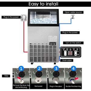 Costzon Commercial Ice Maker Machine, 110LBS/24H Built-in Stainless Steel Ice Maker w/33LBS Storage Capacity, Free-Standing Ice Machine for Home, Restaurant, Coffee, Bar w/Ice Shovel, Hose (Silver)