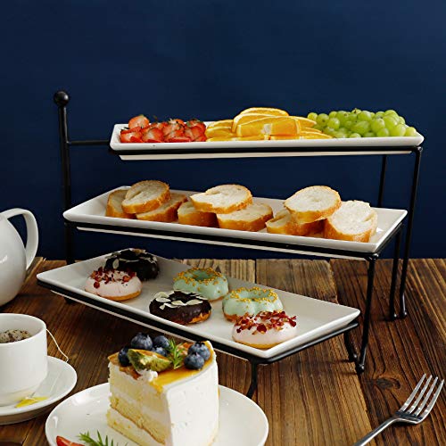 Sweese 731.101 3 Tiered Serving Stand, Foldable Rectangular Food Display Stand with White Porcelain Platters - Serving Trays, Dessert Display Server for Brithday Party, Valentine's Day and Events