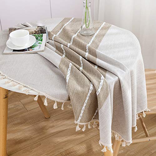 ColorBird Farmhouse Tablecloth Heavy Weight Stitching Tassel Cotton Linen Dust-Proof Table Cloth for Kitchen Dinning Tabletop Decoration (Round, 60 Inch, Linen)