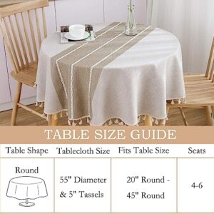 ColorBird Farmhouse Tablecloth Heavy Weight Stitching Tassel Cotton Linen Dust-Proof Table Cloth for Kitchen Dinning Tabletop Decoration (Round, 60 Inch, Linen)