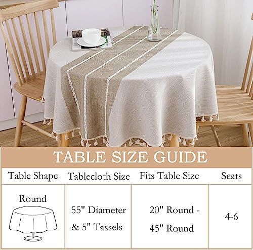 ColorBird Farmhouse Tablecloth Heavy Weight Stitching Tassel Cotton Linen Dust-Proof Table Cloth for Kitchen Dinning Tabletop Decoration (Round, 60 Inch, Linen)