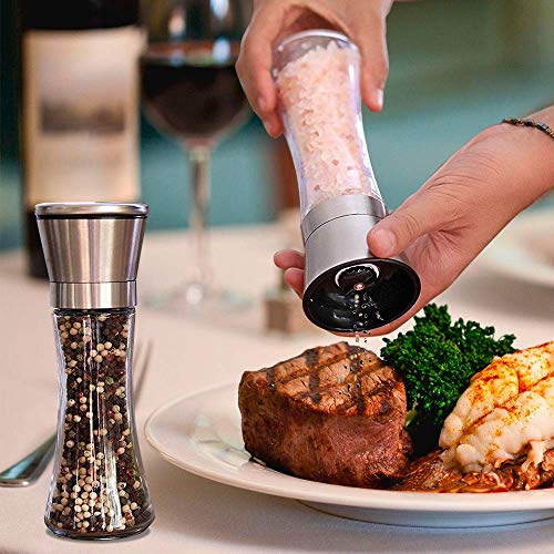 Salt and Pepper Grinder Tall Size - Black Pepper,Herb Shakers Mill Refillable Manual - Stainless Steel Lid - Adjustable Coarseness - Glass Material- Fits in Home,Kitchen,Barbecue