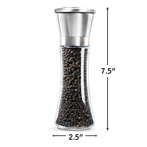 Salt and Pepper Grinder Tall Size - Black Pepper,Herb Shakers Mill Refillable Manual - Stainless Steel Lid - Adjustable Coarseness - Glass Material- Fits in Home,Kitchen,Barbecue