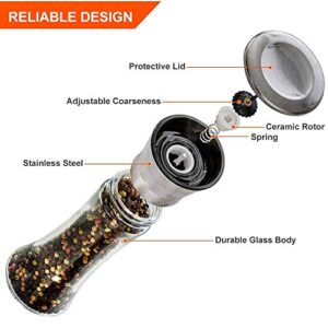 Salt and Pepper Grinder Tall Size - Black Pepper,Herb Shakers Mill Refillable Manual - Stainless Steel Lid - Adjustable Coarseness - Glass Material- Fits in Home,Kitchen,Barbecue