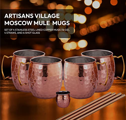 ARTISANS VILLAGE Moscow Mule Mugs | Set of 4 | Stainless Steel Lining | Pure Copper Plating | 100% Handcrafted Hammered Cups | Size 16 oz | With Premium Straws and Shot Glass