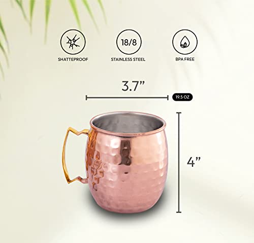 ARTISANS VILLAGE Moscow Mule Mugs | Set of 4 | Stainless Steel Lining | Pure Copper Plating | 100% Handcrafted Hammered Cups | Size 16 oz | With Premium Straws and Shot Glass