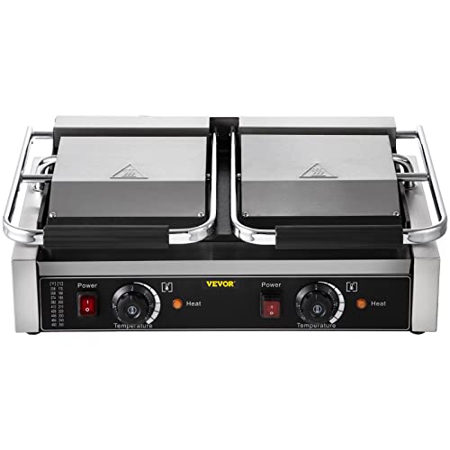 Happybuy Commercial Sandwich Panini Press Grill, 2X1800W Double Flat Plates Electric Stainless Steel Sandwich Maker, Temperature Control 122°F-572°F for Hamburgers Steaks Bacons