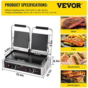 Happybuy Commercial Sandwich Panini Press Grill, 2X1800W Double Flat Plates Electric Stainless Steel Sandwich Maker, Temperature Control 122°F-572°F for Hamburgers Steaks Bacons