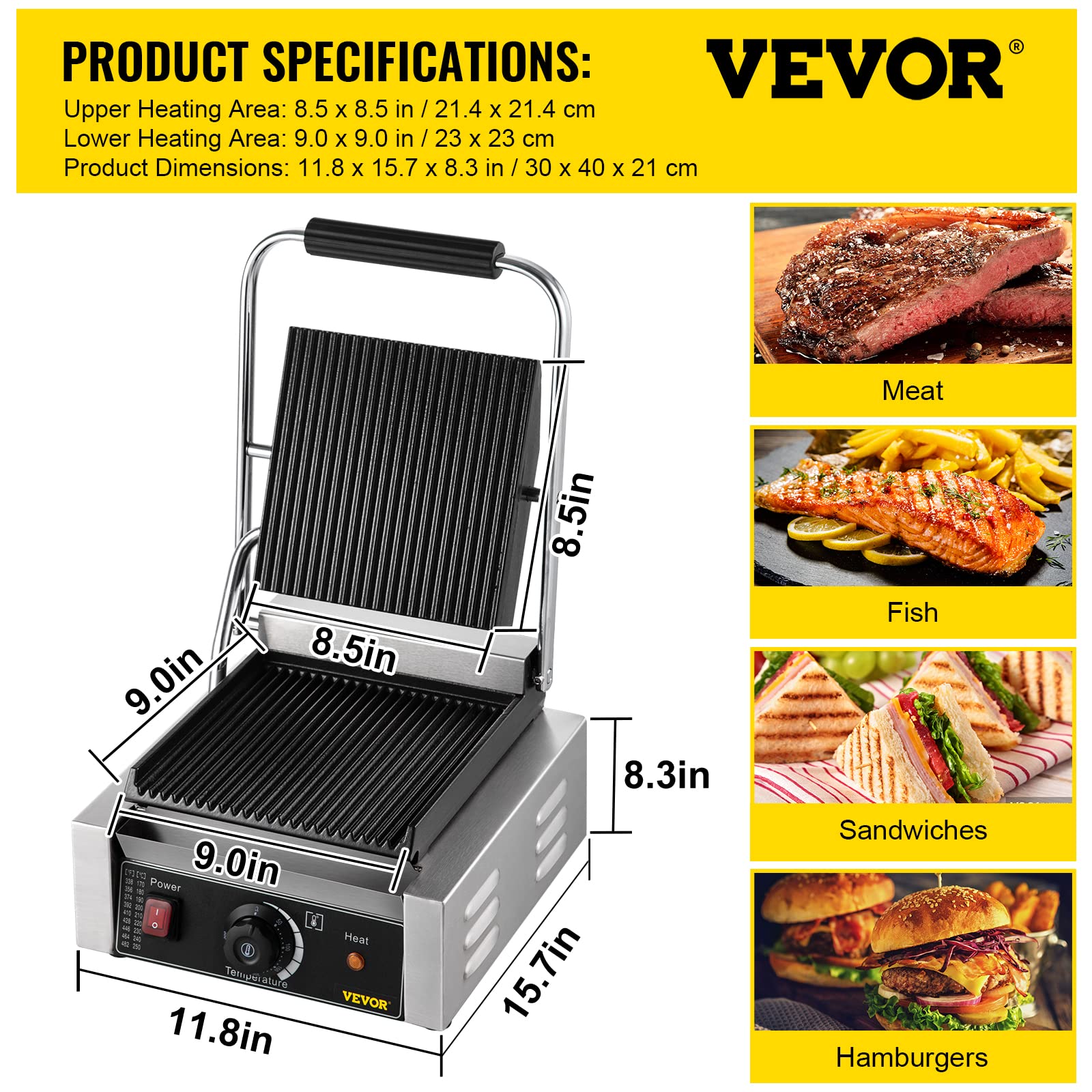 Happybuy Commercial Sandwich Panini Press Grill,1800W Single Flat Plates Electric Stainless Steel Sandwich Maker, Temperature Control 122°F-572°F for Hamburgers Steaks Bacons