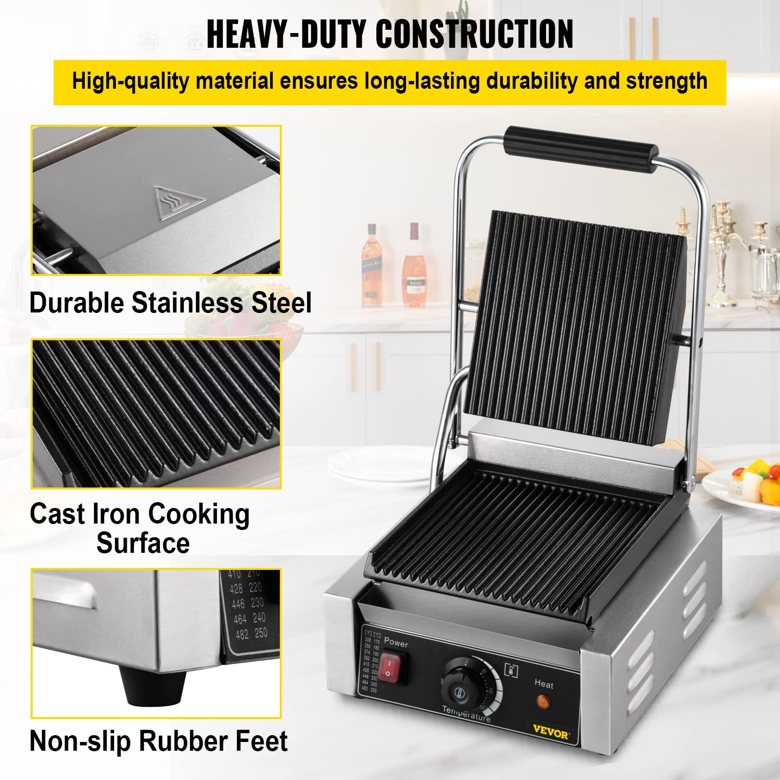 Happybuy Commercial Sandwich Panini Press Grill,1800W Single Flat Plates Electric Stainless Steel Sandwich Maker, Temperature Control 122°F-572°F for Hamburgers Steaks Bacons