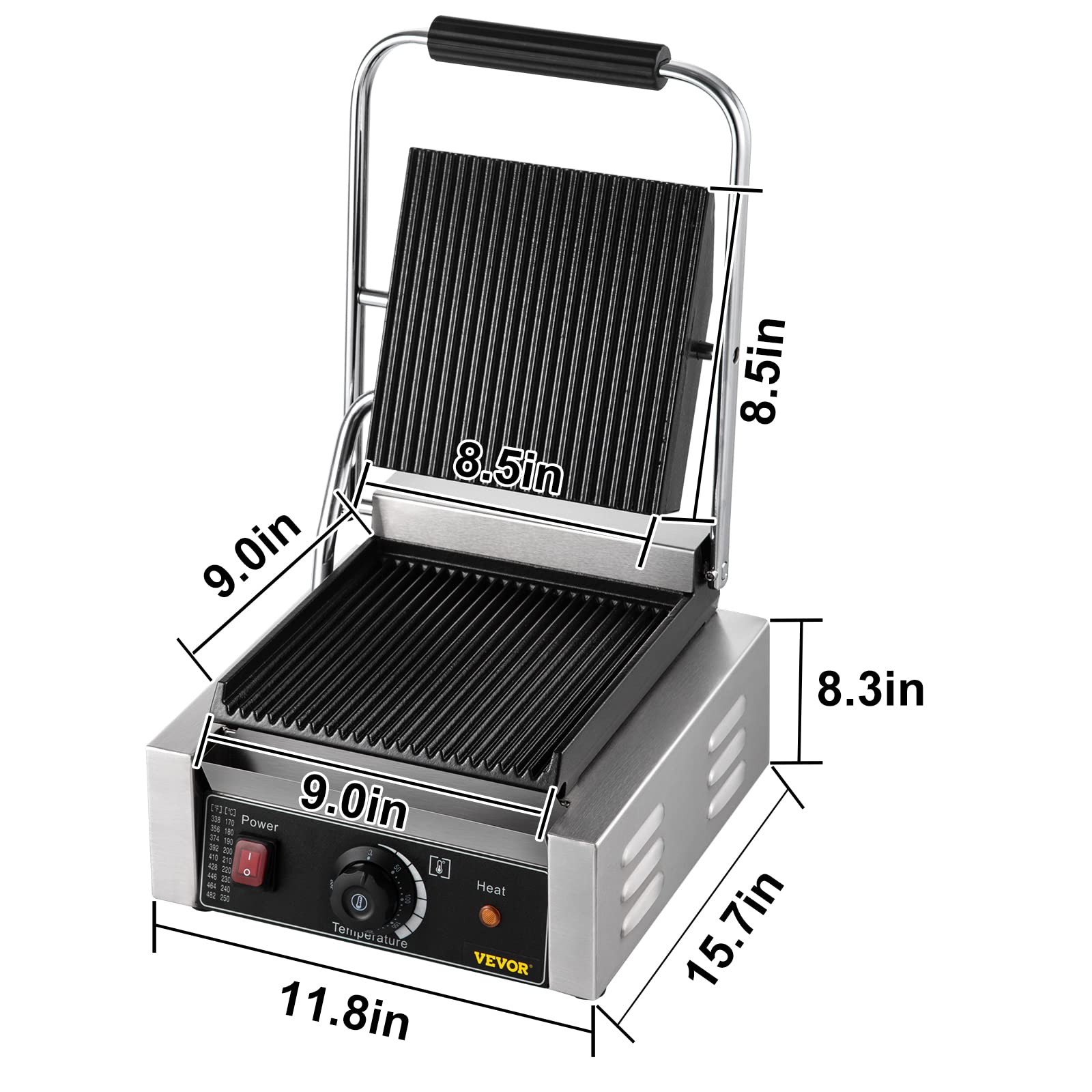 Happybuy Commercial Sandwich Panini Press Grill,1800W Single Flat Plates Electric Stainless Steel Sandwich Maker, Temperature Control 122°F-572°F for Hamburgers Steaks Bacons