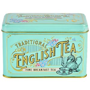 new english teas vintage victorian tea tin with 40 english breakfast tea bags, forget me not florals, black tea, ceylon tea, mint green british tea caddy