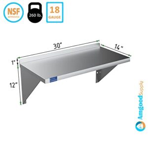 AmGood 14" Width x 30" Length | Stainless Steel Wall Shelf | Square Edge | Metal Shelving | Heavy Duty | Commercial Grade | Wall Mount | NSF Certified