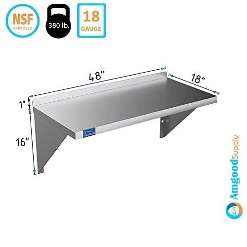 AmGood 18" Width x 48" Length | Stainless Steel Wall Shelf | Square Edge | Metal Shelving | Heavy Duty | Commercial Grade | Wall Mount | NSF Certified