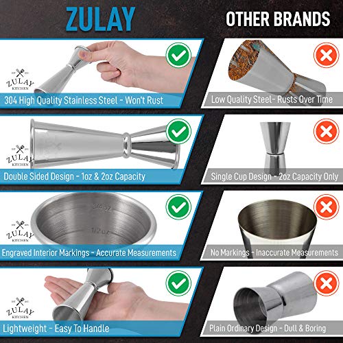 Zulay Kitchen Shot Measure Jigger For Bartending - Cocktail Jigger 18/8 Food-Grade Stainless Steel - Jigger 2 oz 1 oz Etched Markings - Cocktail Measuring Cup Japanese Jigger - Double Jigger (Chrome)