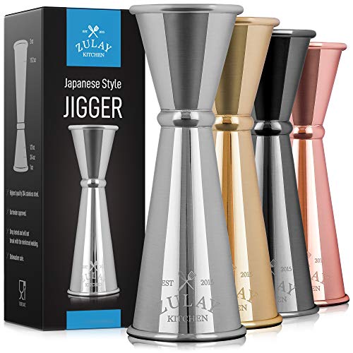 Zulay Kitchen Shot Measure Jigger For Bartending - Cocktail Jigger 18/8 Food-Grade Stainless Steel - Jigger 2 oz 1 oz Etched Markings - Cocktail Measuring Cup Japanese Jigger - Double Jigger (Chrome)