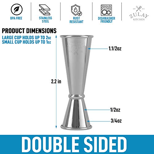 Zulay Kitchen Shot Measure Jigger For Bartending - Cocktail Jigger 18/8 Food-Grade Stainless Steel - Jigger 2 oz 1 oz Etched Markings - Cocktail Measuring Cup Japanese Jigger - Double Jigger (Chrome)