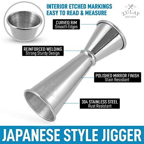 Zulay Kitchen Shot Measure Jigger For Bartending - Cocktail Jigger 18/8 Food-Grade Stainless Steel - Jigger 2 oz 1 oz Etched Markings - Cocktail Measuring Cup Japanese Jigger - Double Jigger (Chrome)