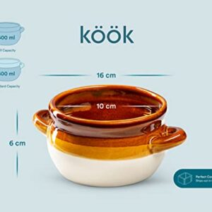 KooK French Onion Soup Crocks, Ceramic Make, Large Handles, Stoneware, Dishwasher, Microwave, Oven & Broil Safe 16oz Standard Capacity & 18oz Full Capacity