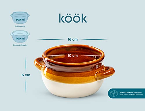 KooK French Onion Soup Crocks, Ceramic Make, Large Handles, Stoneware, Dishwasher, Microwave, Oven & Broil Safe 16oz Standard Capacity & 18oz Full Capacity